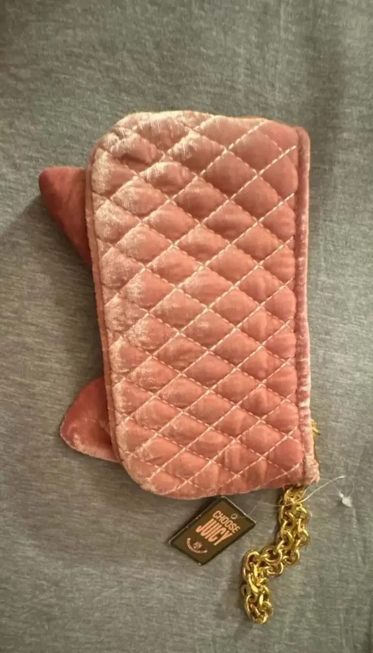 Juicy Couture Pink Bow Velvet Quilted Wristlet Clutch with Gold Hardware